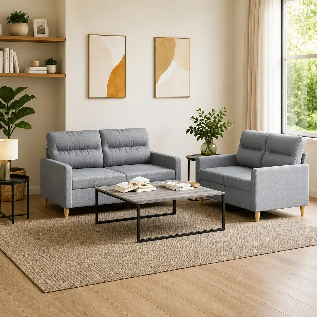 2 Piece Grey Fabric Sofa Set with Cushions
