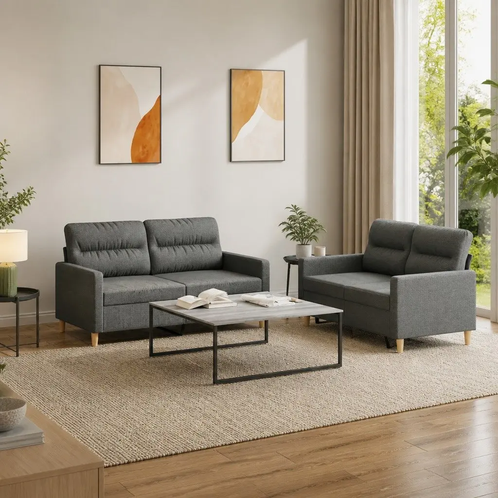2 Piece Sofa Set with Grey Fabric Cushions