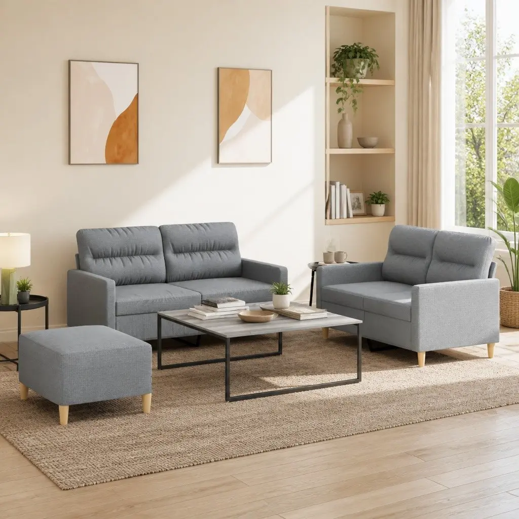 3 Piece Sofa Set with Footstool in Grey Fabric