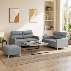 Durable 3 Piece Sofa Set with Footstool in Grey Fabric
