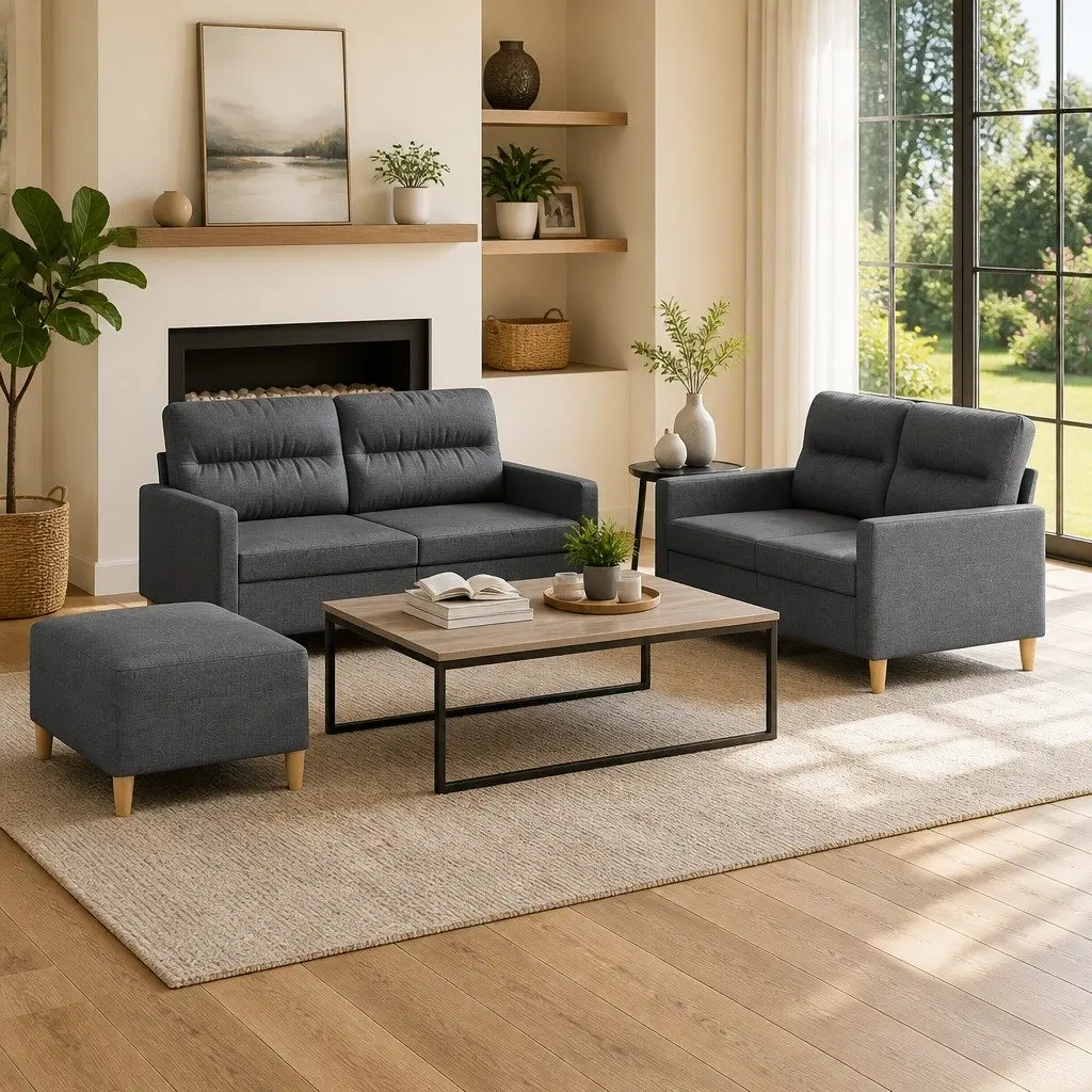 3 Piece Grey Fabric Sofa Set with Cushions & Footstool