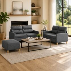Sturdy 3 Piece Grey Fabric Sofa Set with Cushions & Footstool