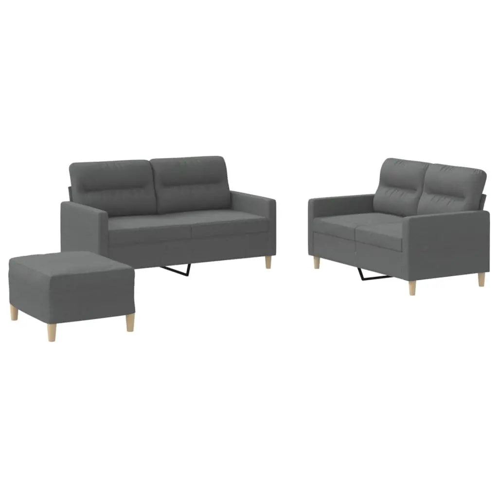 3 Piece Grey Fabric Sofa Set with Cushions & Footstool