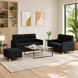 High-Quality 3 Piece Black Fabric Sofa Set with Footstool