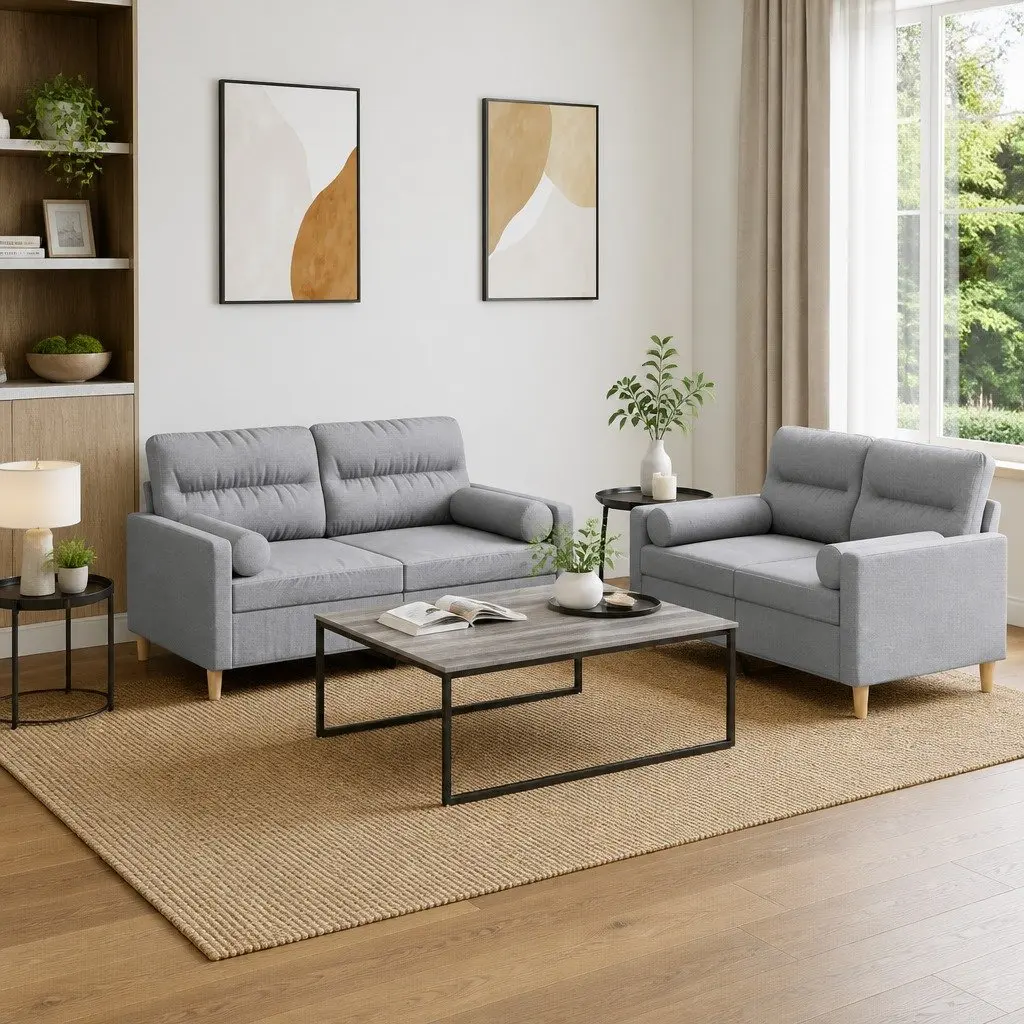 Sofa Set Fabric Grey 2 Piece Lounge Suite