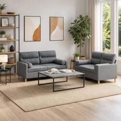 Durable 2 Piece Grey Fabric Sofa Set with Pillows