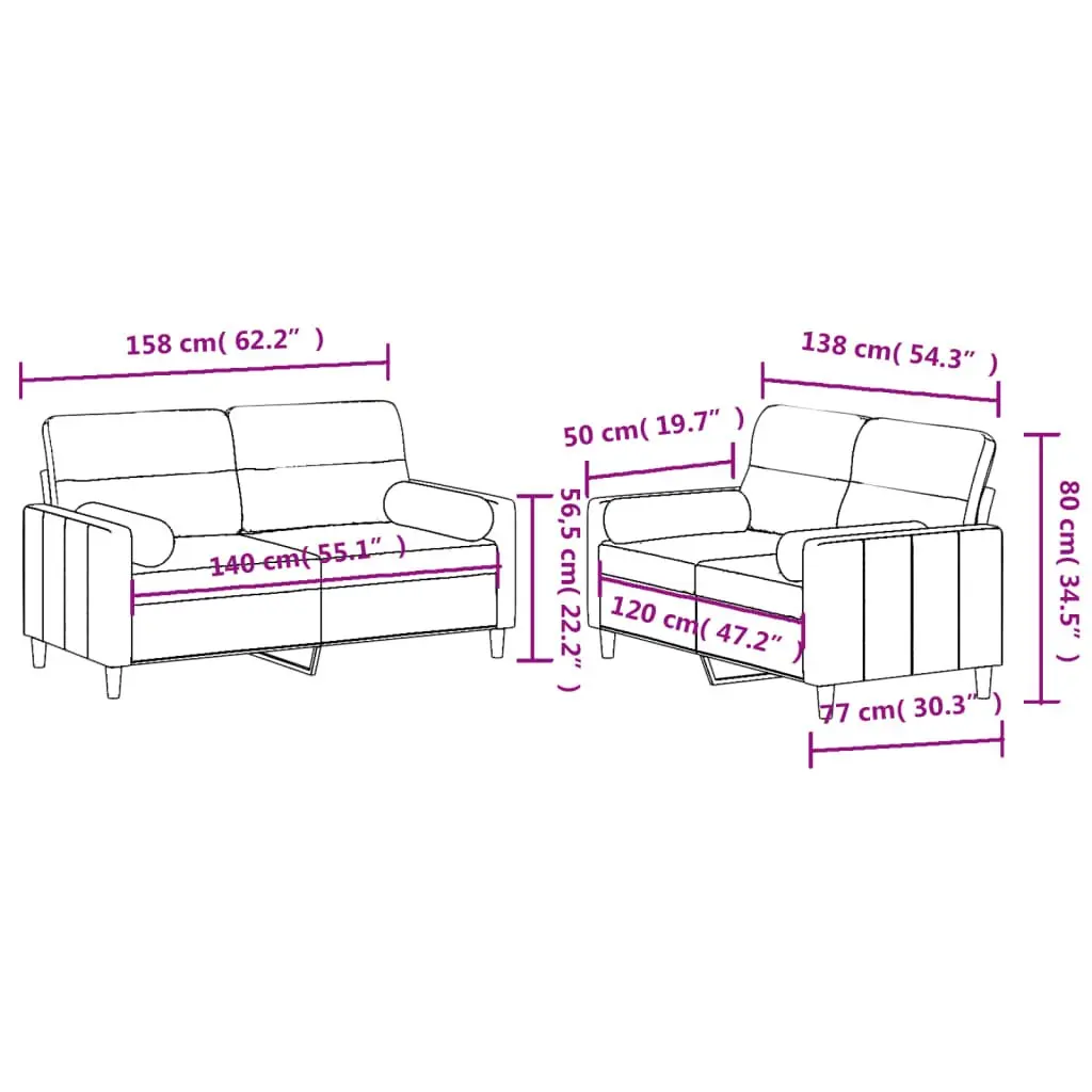 2 Piece Grey Fabric Sofa Set with Pillows