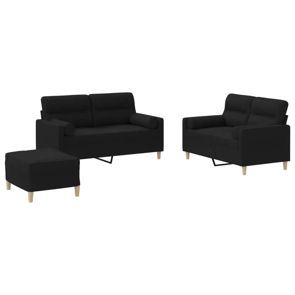 3 Piece Sofa Set Fabric Black Couch with Pillows Footstool