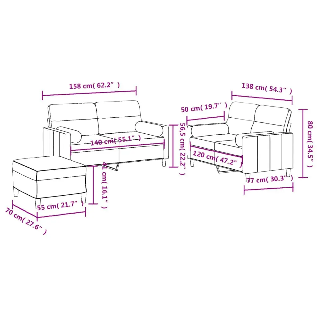 3 Piece Sofa Set Fabric Black Couch with Pillows Footstool