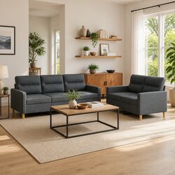 2 Piece Sofa Set Grey Fabric Lounge Suite with Cushions Comfortable Seating