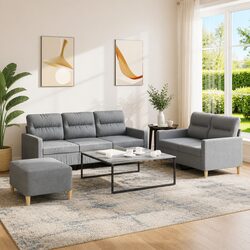 Sturdy 3 Piece Sofa Set with Footstool in Grey Fabric