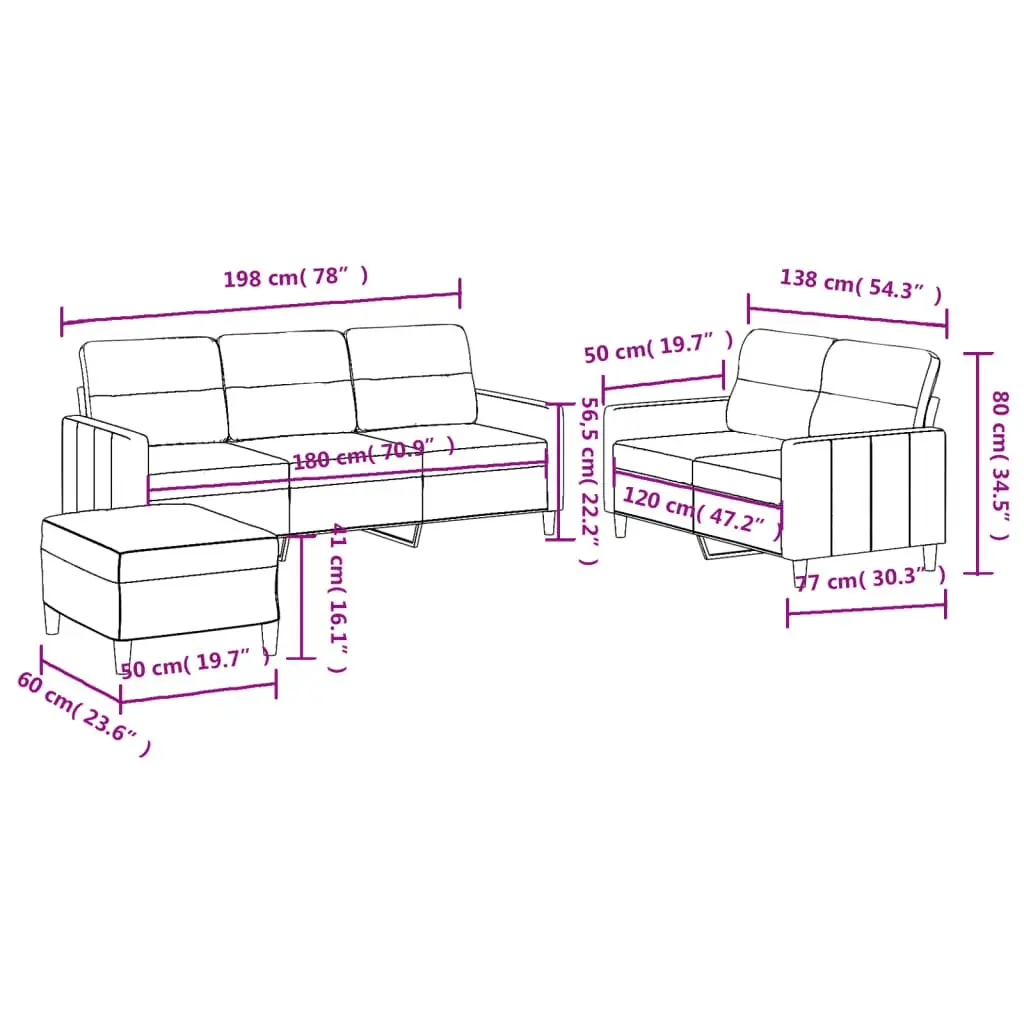 3 Piece Sofa Set with Footstool in Grey Fabric
