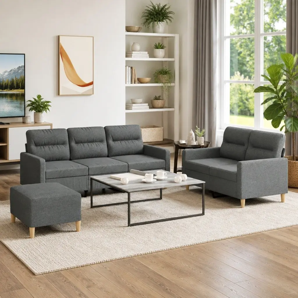 3 Piece Sofa Set Fabric Grey Compact Lounge Suite