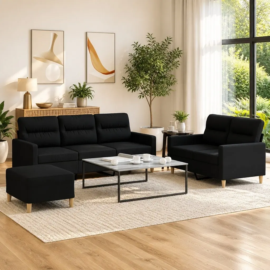 3 Piece Sofa Set with Cushions in Black Fabric