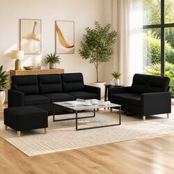Stylish 3 Piece Sofa Set with Cushions in Black Fabric