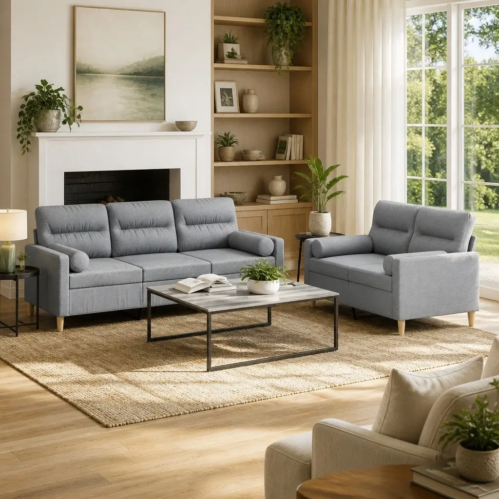 2 Piece Grey Fabric Sofa Set with Pillows