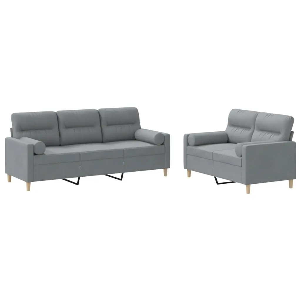 2 Piece Grey Fabric Sofa Set with Pillows