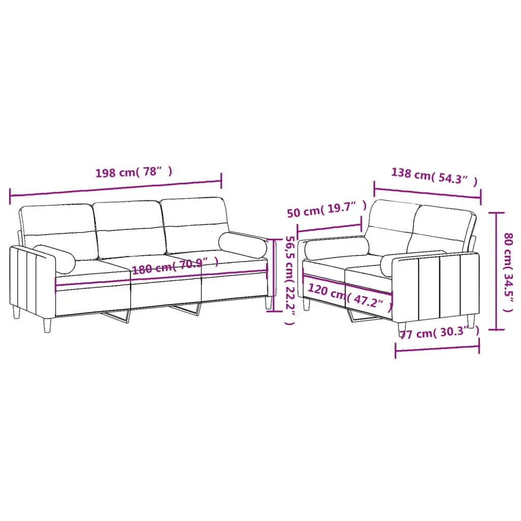 2 Piece Grey Fabric Sofa Set with Pillows