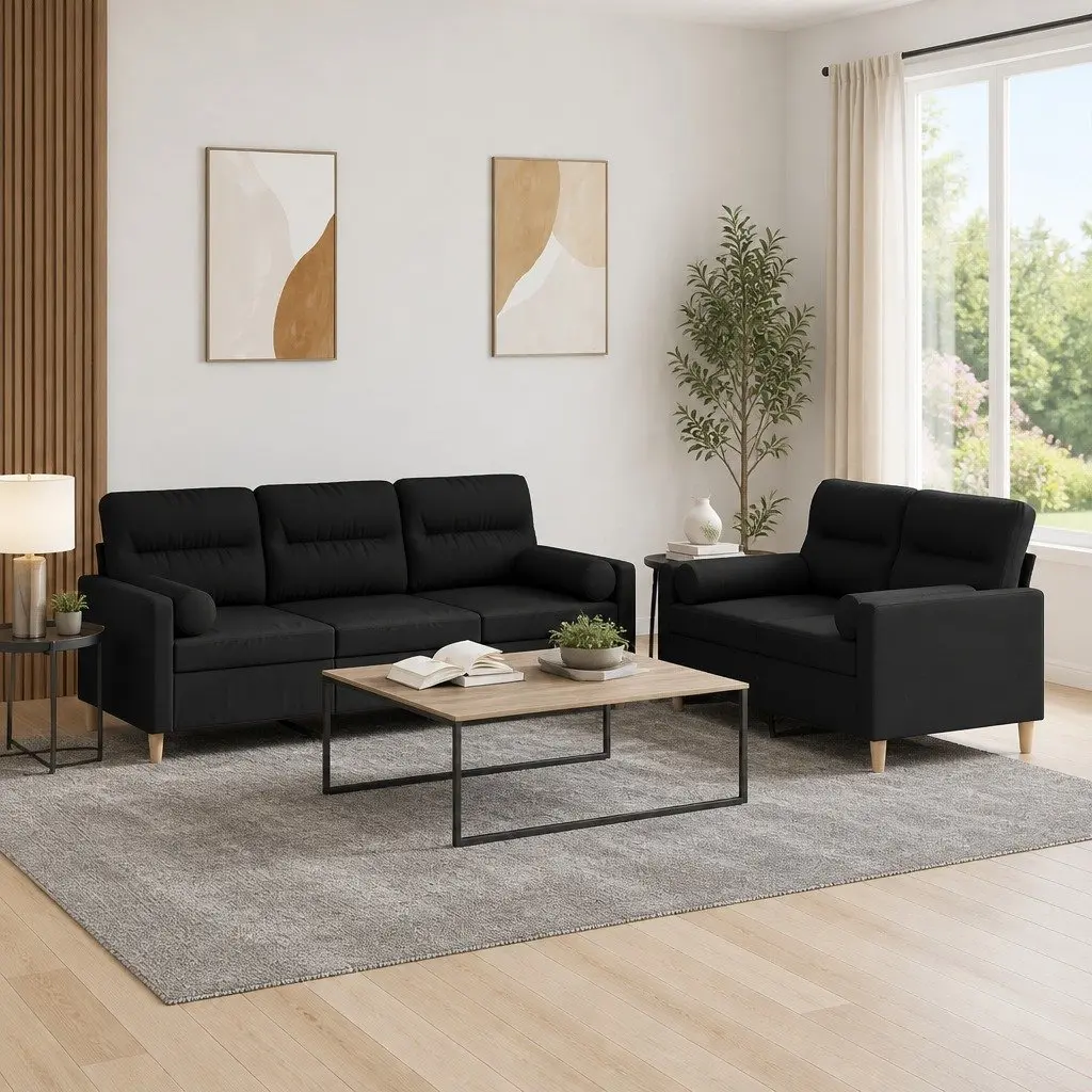 Black 2 Piece Sofa Set with Roll Pillows