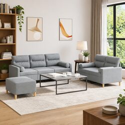 Durable 3 Piece Grey Sofa Set with Pillows and Footstool
