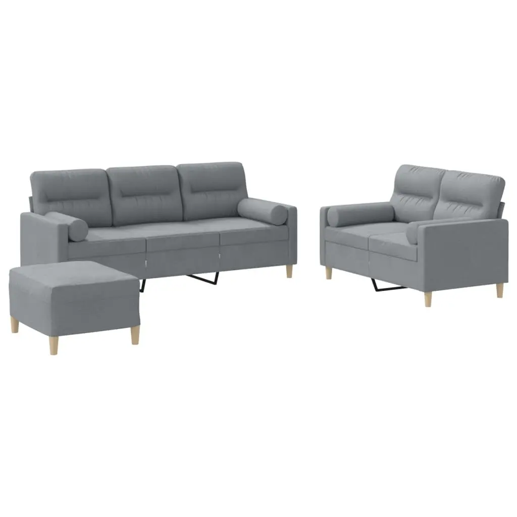 3 Piece Grey Sofa Set with Pillows and Footstool