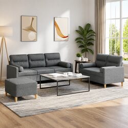 Durable 3 Piece Grey Sofa Set with Footstool & Pillows