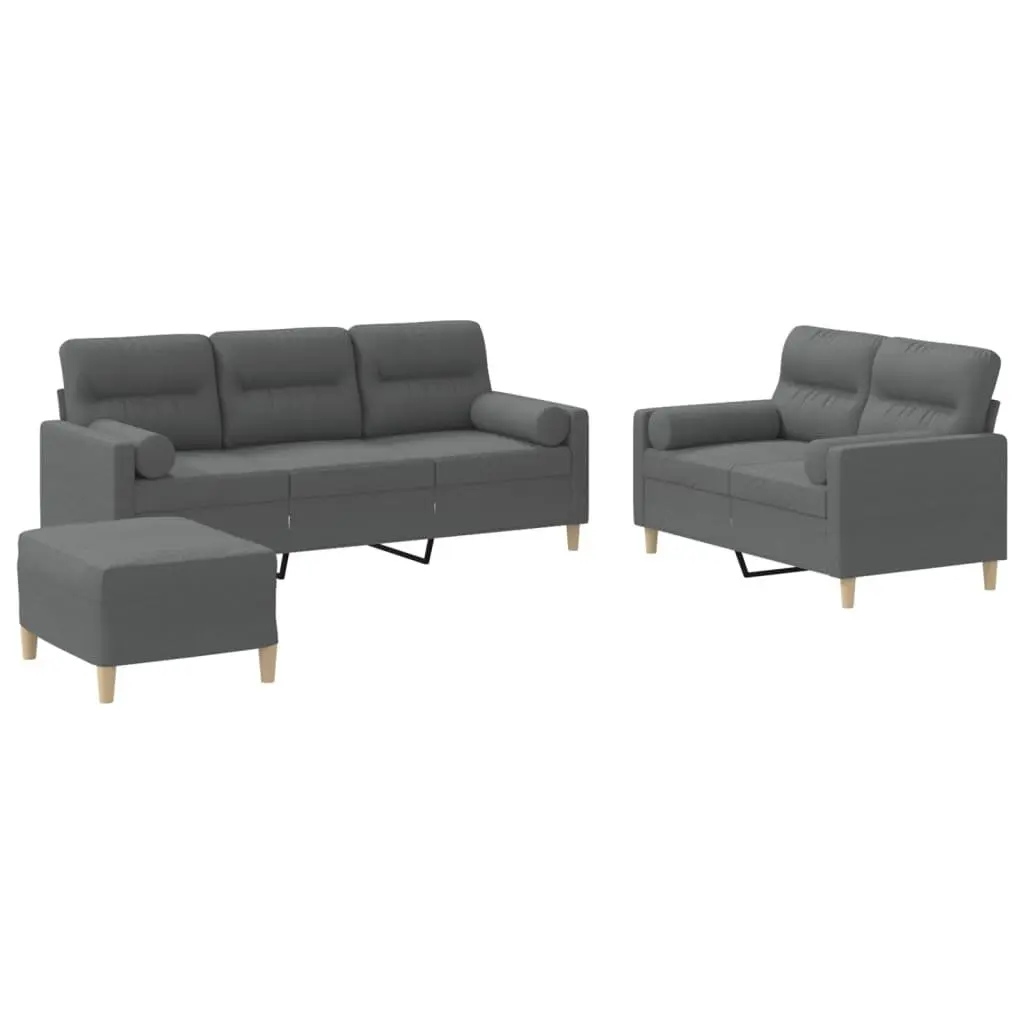3 Piece Grey Sofa Set with Footstool & Pillows