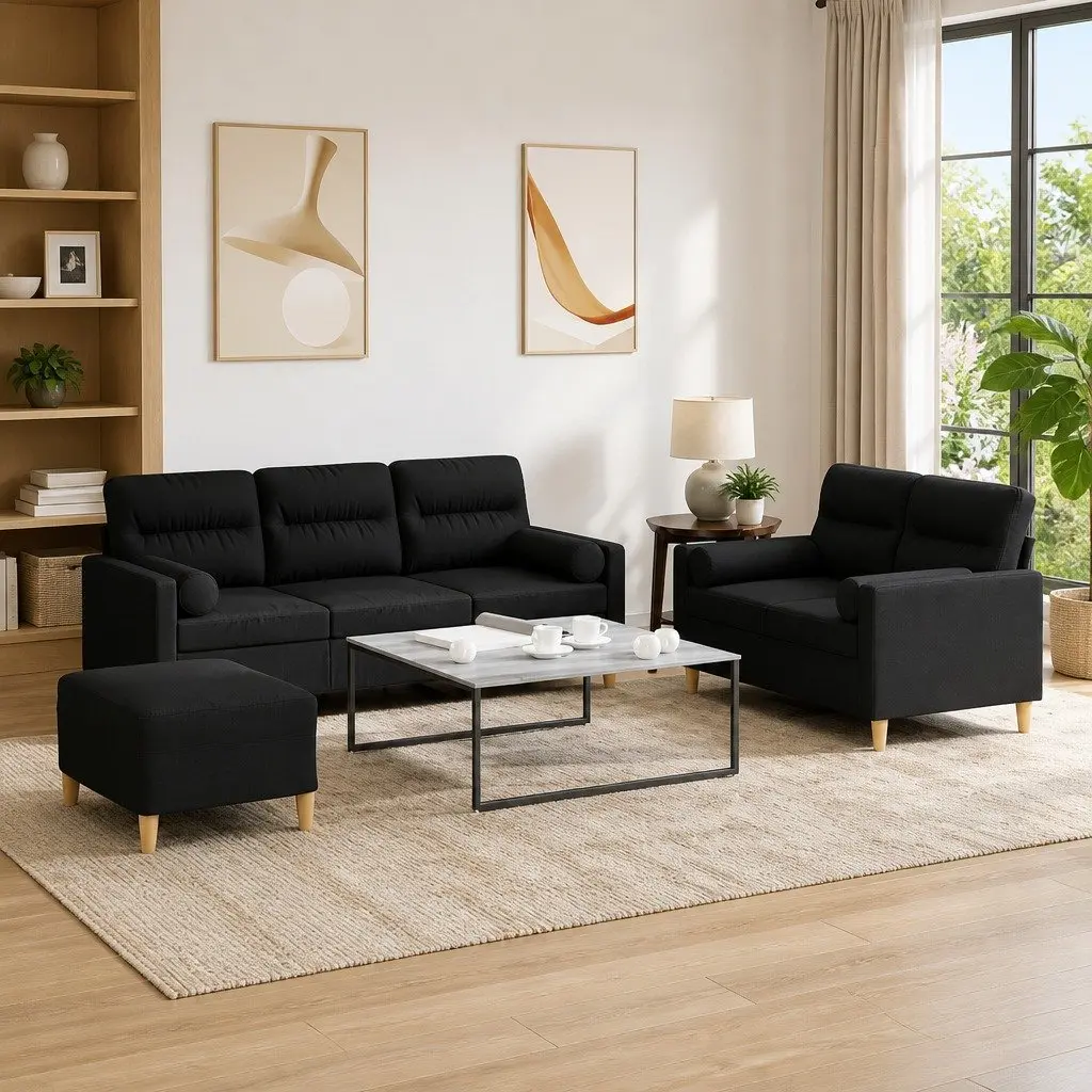 3 Piece Black Sofa Set with Footstool