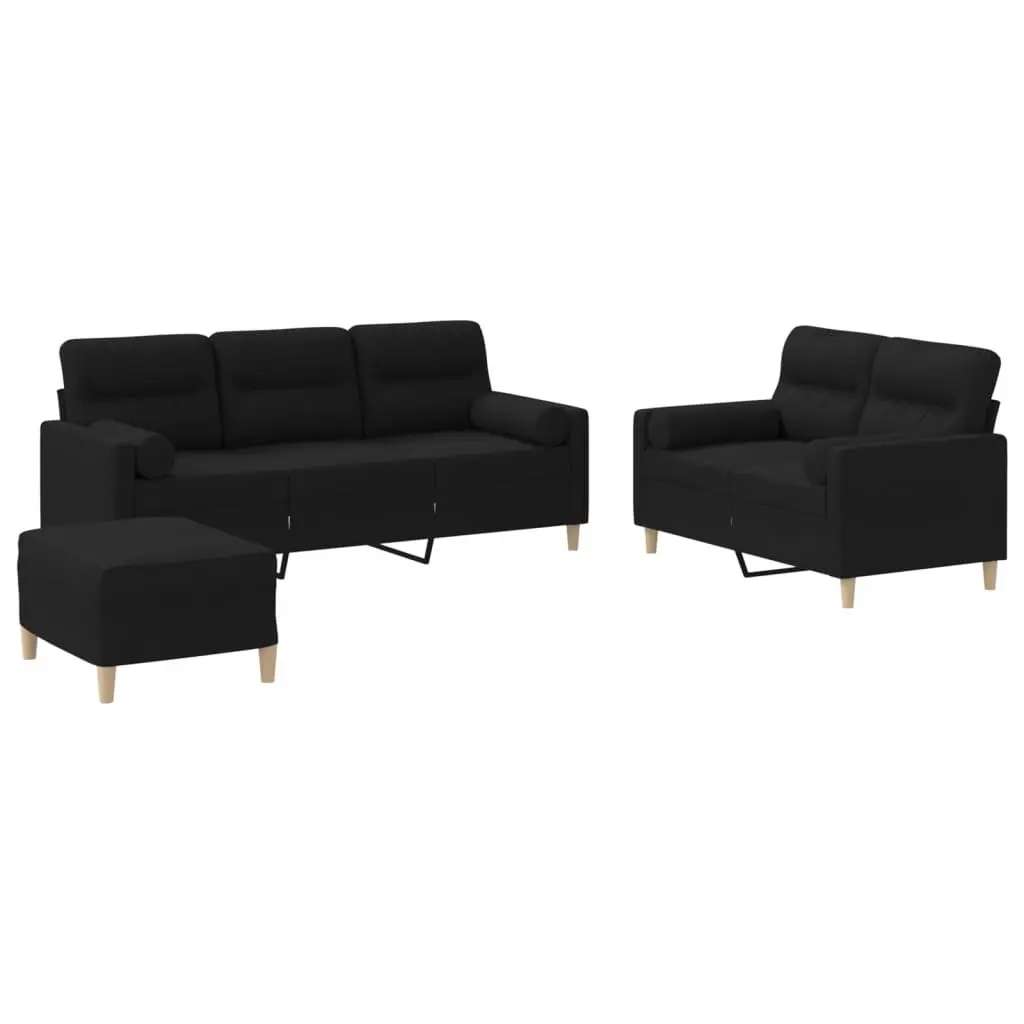 3 Piece Black Sofa Set with Footstool
