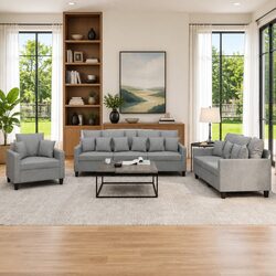 Durable Grey Fabric 3 Piece Sofa Set with Throw Pillows