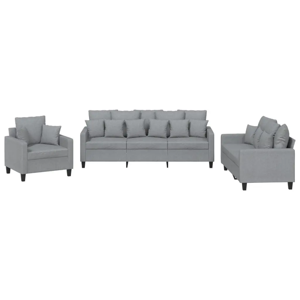 Grey Fabric 3 Piece Sofa Set with Throw Pillows