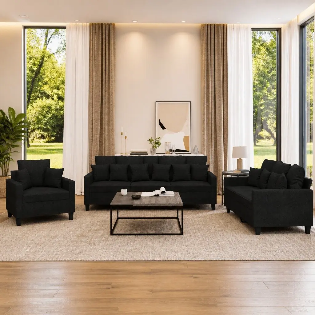 Black Fabric 3 Piece Sofa Set with Throw Pillows
