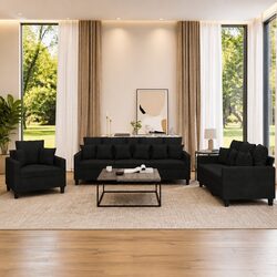 Black Fabric 3 Piece Sofa Set with Throw Pillows