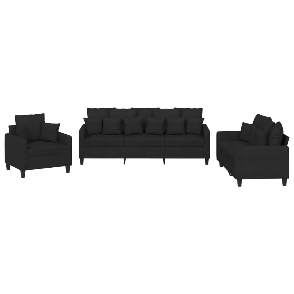 Black Fabric 3 Piece Sofa Set with Throw Pillows