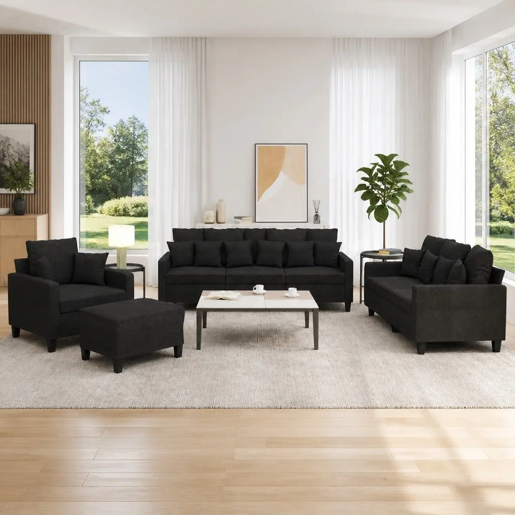Sofa Set Fabric Black 4 Piece Living Room