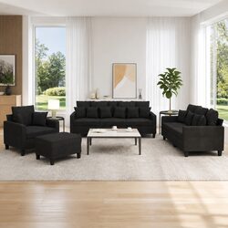 Durable 4 Piece Black Sofa Set with Pillows and Footstool