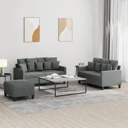 Durable 3 Piece Grey Fabric Sofa Set with Footstool