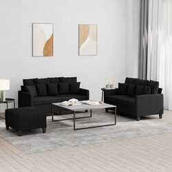 Black Fabric 3 Piece Sofa Set with Cushions and Footstool