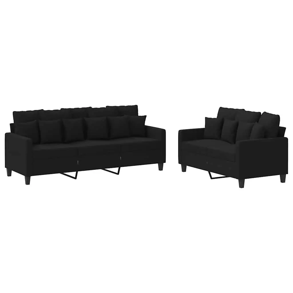 Black Fabric 2 Piece Sofa Set with Cushions