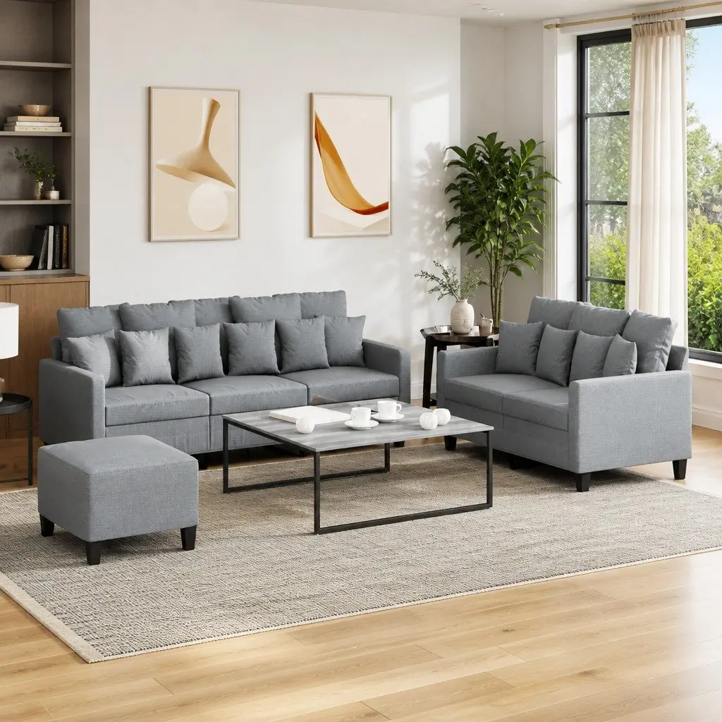 3 Piece Grey Fabric Sofa Set with Footstool