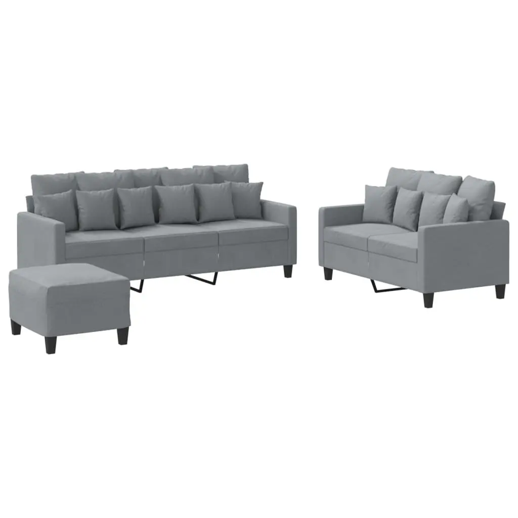 3 Piece Grey Fabric Sofa Set with Footstool