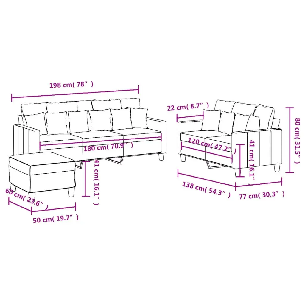 3 Piece Grey Fabric Sofa Set with Footstool