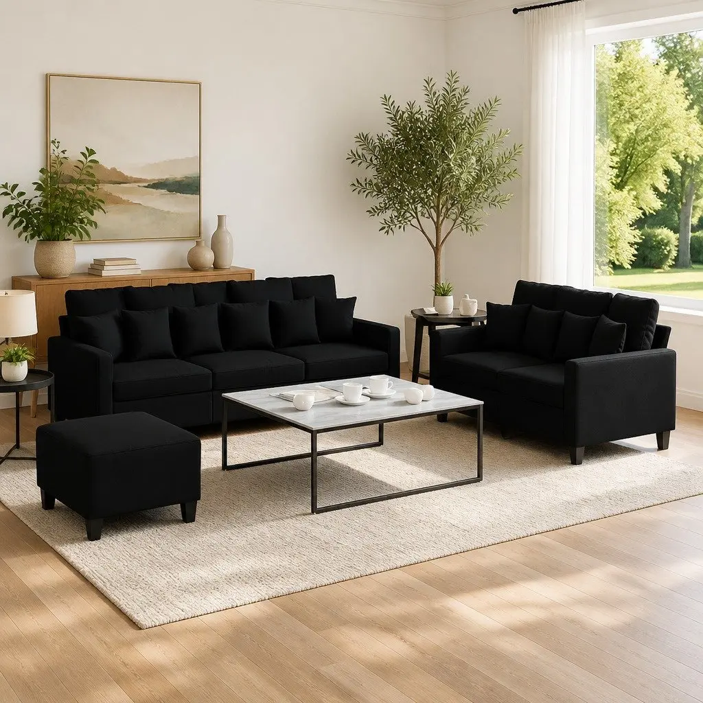 Black Fabric 3 Piece Sofa Set with Cushions