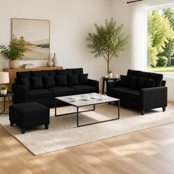 Premium Black Fabric 3 Piece Sofa Set with Cushions