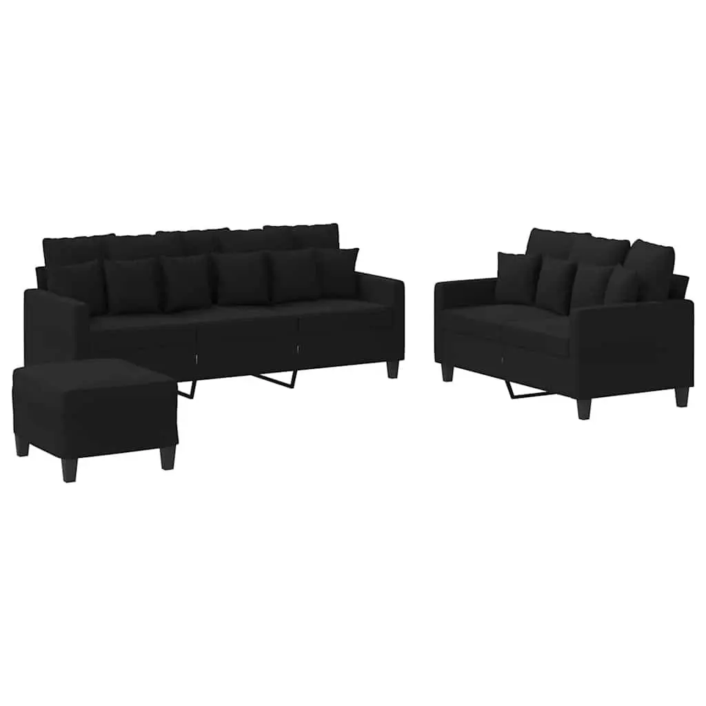 Black Fabric 3 Piece Sofa Set with Cushions