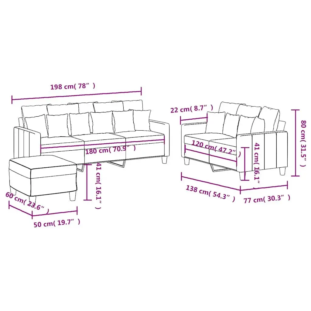 Black Fabric 3 Piece Sofa Set with Cushions