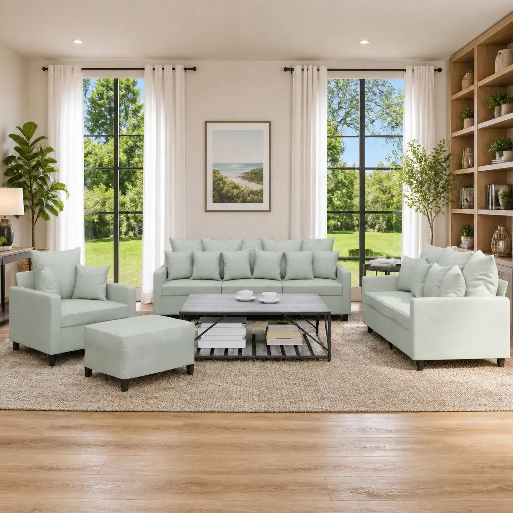 4 Piece Grey Velvet Sofa Set with Footstool