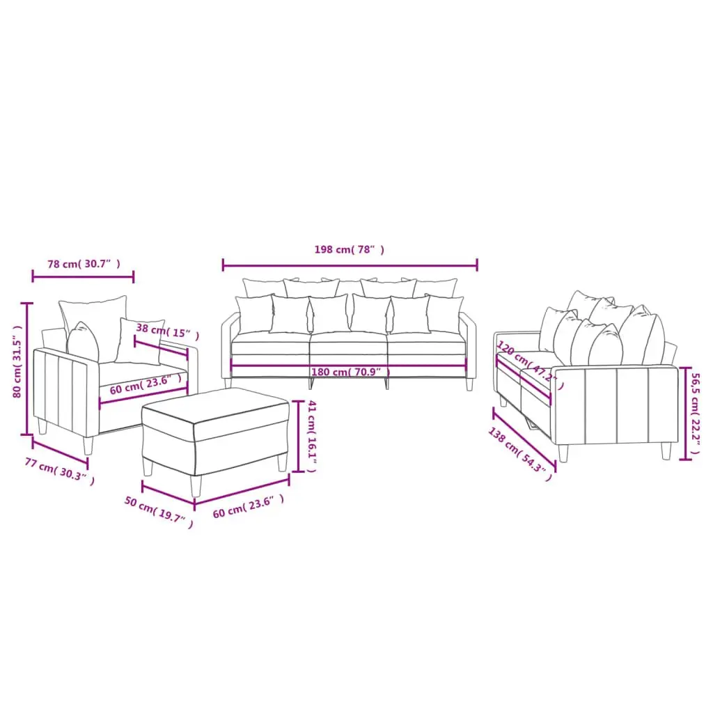4 Piece Grey Velvet Sofa Set with Footstool