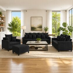 Sturdy 4 Piece Black Velvet Sofa Set with Cushions