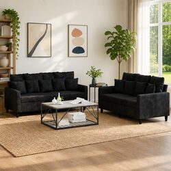 Sturdy Black Velvet 2-Piece Sofa Set with Cushions